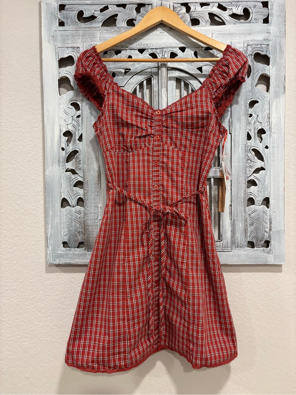 NEW Rachel Paige Rust Red Plaid Off-Shoulder  Milk Maid Mini Dress